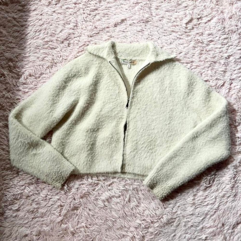 Cream Fuzzy Clean Girl Minimalist Cozy Granola Indie Two Way Zip Cropped Sweater